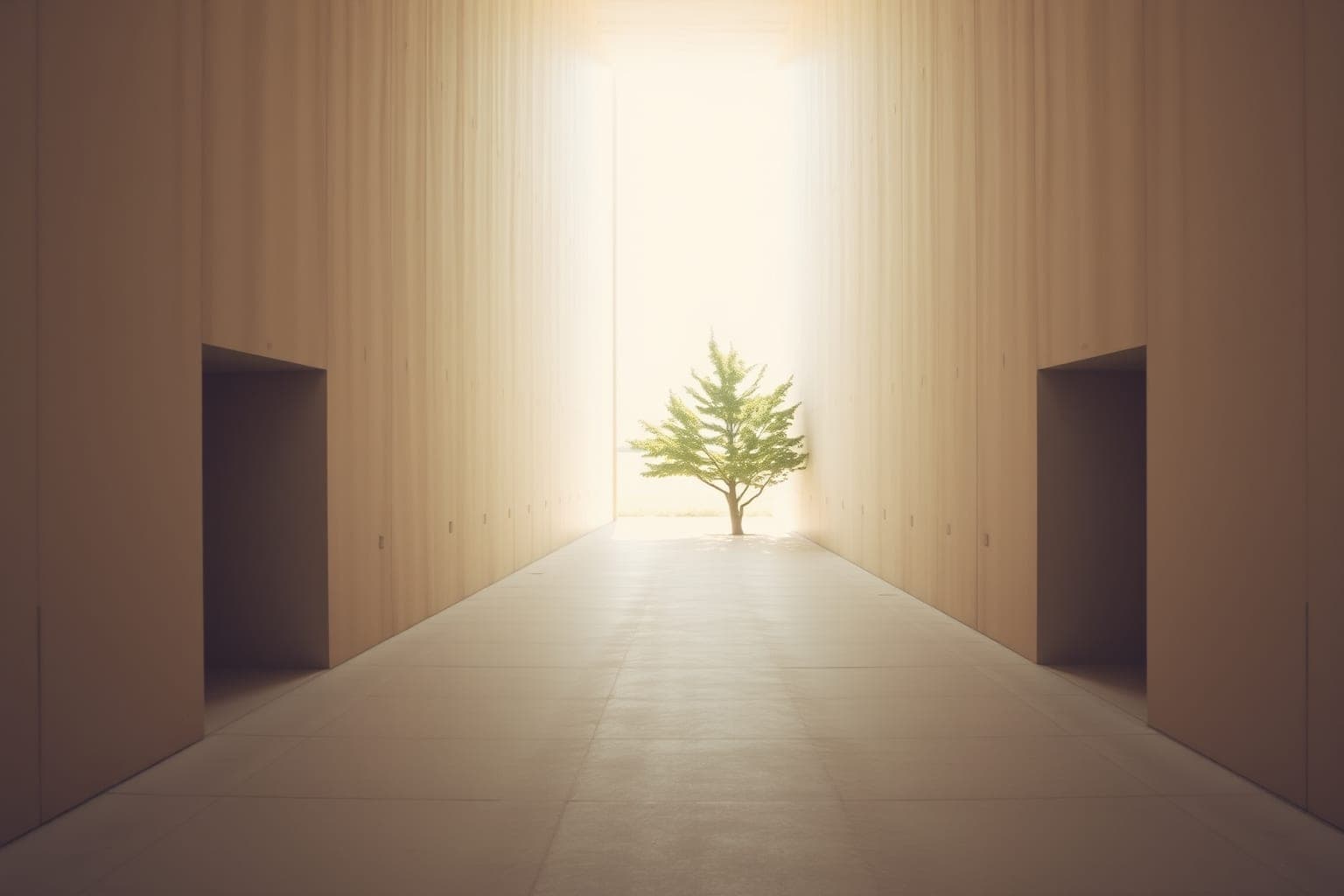 Concrete corridor opening onto daylight, with a small tree in the light.
