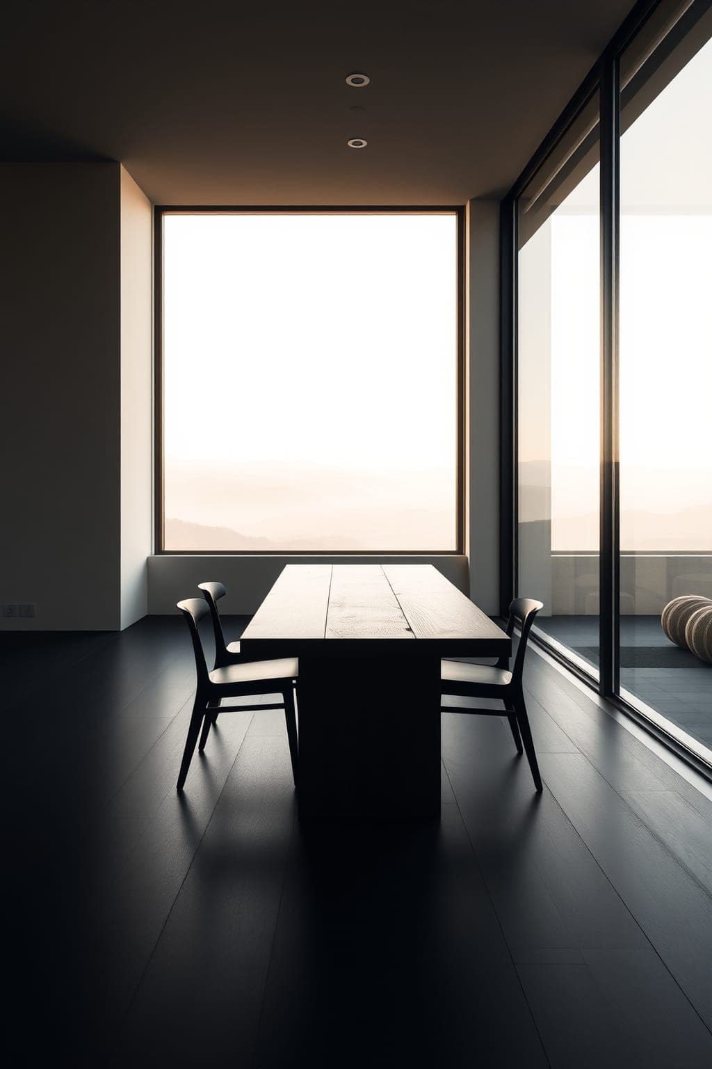 Quiet interior with a long table and chairs facing a wide window onto distant hills.