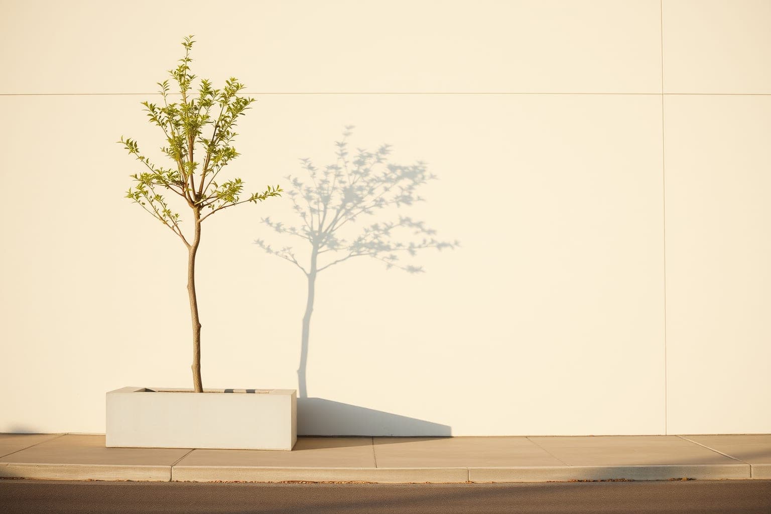Sunlit concrete wall with a young tree casting a soft shadow.